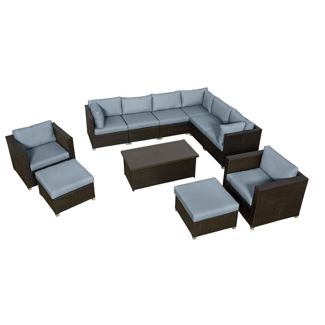 Innesbrook Collection 11-Piece Aluminum Patio Conversation Set with Spa Cushions featuring a modular dark brown powder-coated aluminum frame with PE resin wicker, light blue five-inch thick spa cushions, sectional sofa, two armchairs, ottoman, and coffee table, suitable for outdoor patio lounging and entertaining.