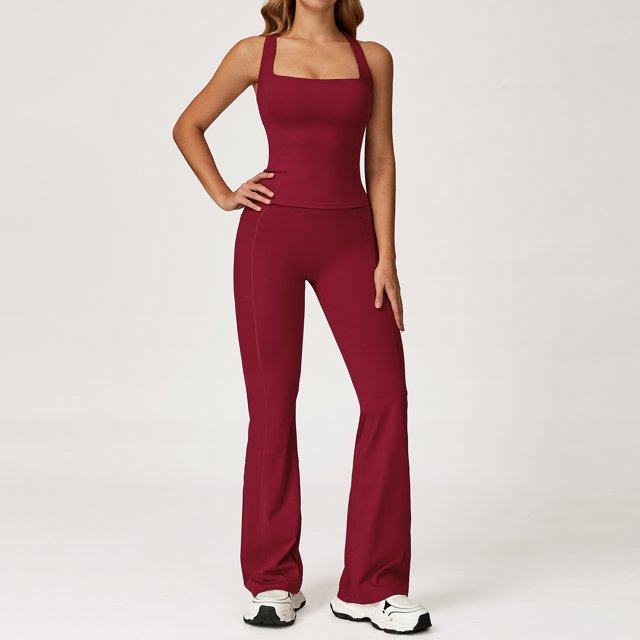 PISONIC Women Two Piece Workout Sets Racerback Tank Tops Matching High Waisted Flared Leggings with Pockets Gym Yoga Outfits