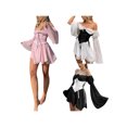 thumbnail image 3 of FOCUSNORM Women?s Solid Color Mesh Yarn Long Sleeve Boat Neck Short Dress, 3 of 9