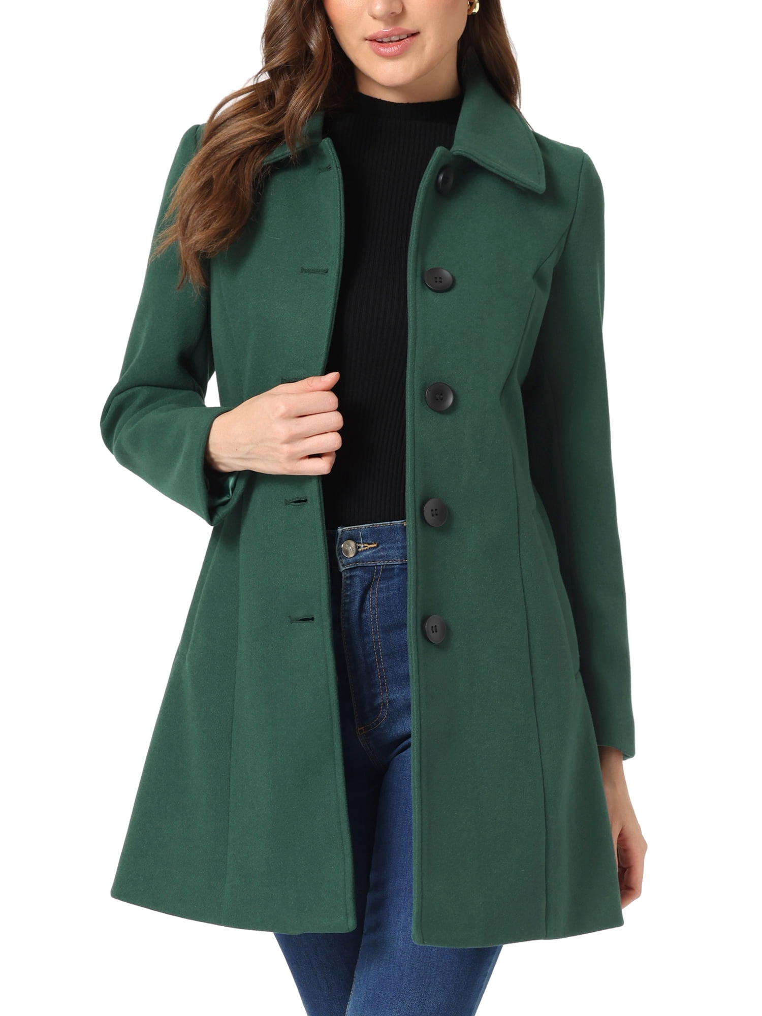 INSPIRE CHIC Manteau d'Hiver Long Chaud à Simple Boutonnage pour Femme Vert Foncé L