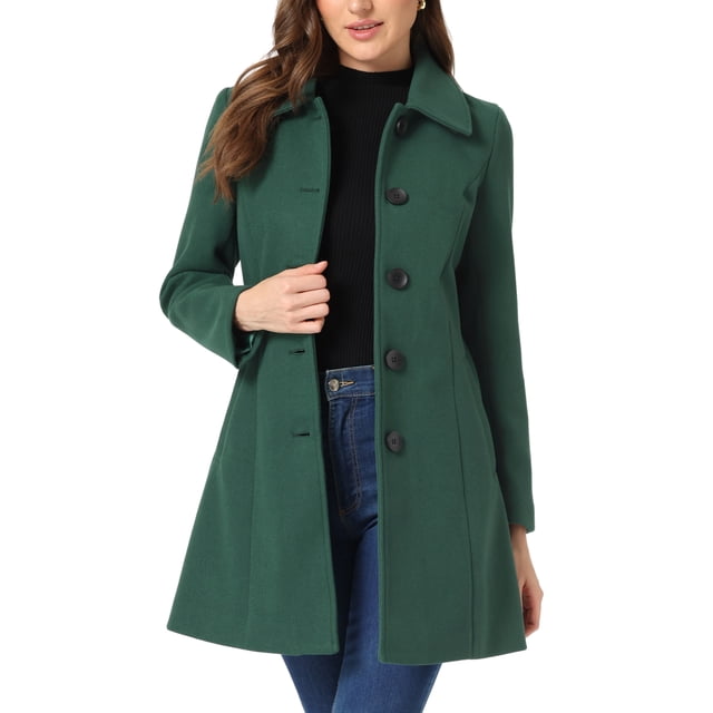 INSPIRE CHIC Manteau d'Hiver Long Chaud à Simple Boutonnage pour Femme Vert Foncé L