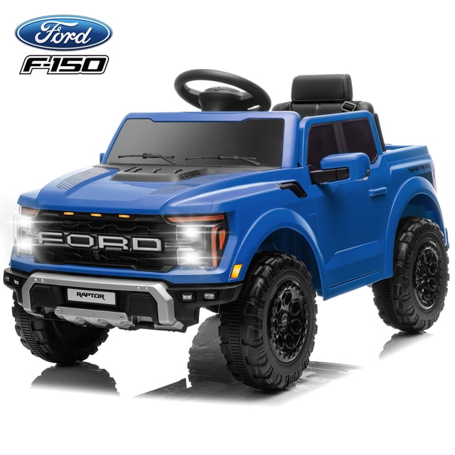 Ford à Chevaucher Cars, Jouet Ford F150 Raptor 12V à Chevaucher avec Télécommande, Camion Électrique pour Enfants de 3 à 6 Ans, Présenté dans une Finition Bleue Audacieuse. Caractéristiques Incluant une Image de Marque Ford Réaliste, des Phares Lumineux, des Pneus Robustes de 4 Roues, et un Coffre pour le Rangement. Éléments de Sécurité Incluant une Ceinture de Sécurité Ajustable, une Télécommande et une Fonction Démarrage/arrêt en Douceur. options de Divertissement Incluant Bluetooth, radio FM et une Planche Musicale.