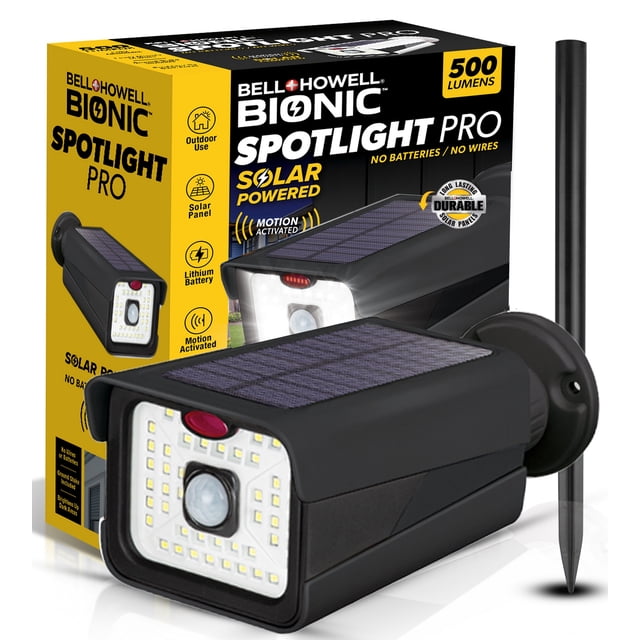 Bell + Howell Bionic Black Solar Motion Activated 500 Lumen Outdoor Security Spotlight with black weather-resistant plastic housing, solar panel on top, central motion sensor, and red decoy camera light, includes ground stake for easy yard installation, designed for outdoor security and garden lighting without batteries or wires.
