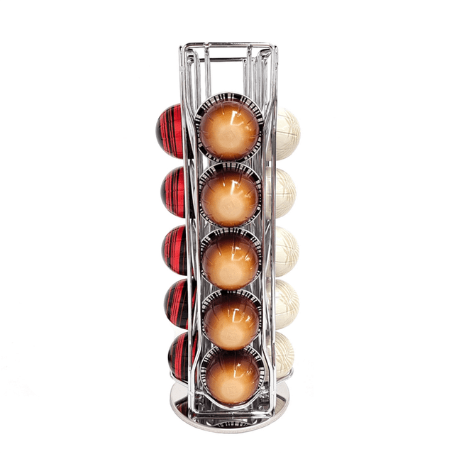 Coffee Pod Holder for Vertuo Line Coffee Capsule Pods Holder Display Stand 20Cups Storage Organizer Shelves Rack, A. A vertical, rotatable coffee pod holder made of sturdy silver iron, designed to store up to 20 VertuoLine coffee capsules. The stand features a sleek, compact design with visible slots holding coffee pods in an organized manner. Ideal for countertop use in kitchens or coffee stations.
