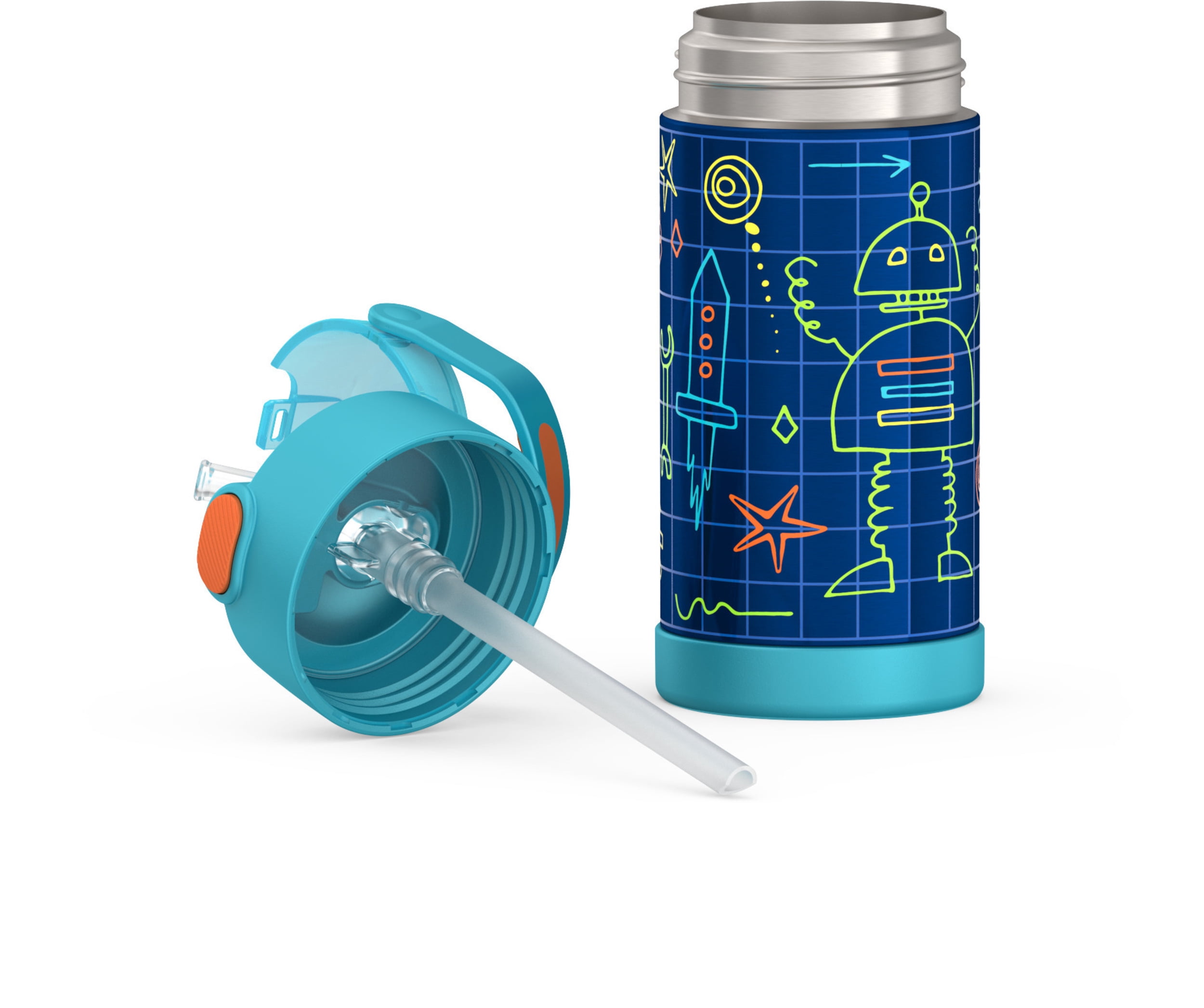 Bouteille isotherme Thermos Kids Funtainer en acier inoxydable de 355 ml avec paille rabattable, Robots