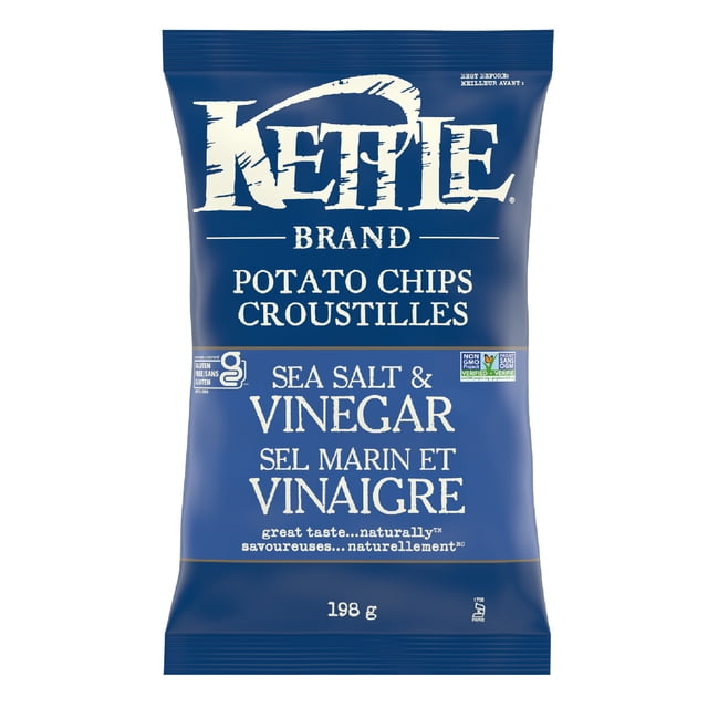 Kettle Chips Sea Salt & Vinegar bag with blue packaging and white lettering, featuring Kettle Brand logo, gluten-free and Non-GMO verified badges, 198 g weight, bilingual English and French text, describing thick-cut kettle cooked potato chips with tangy sea salt and vinegar flavour, suitable as a bold snack option.
