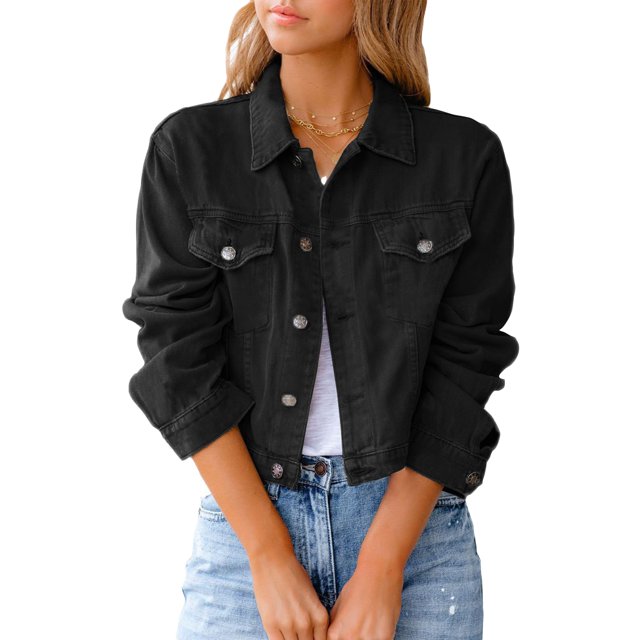 LUXUR Veste Femme Manches Longues Camionneur Cardigan Court Noir L