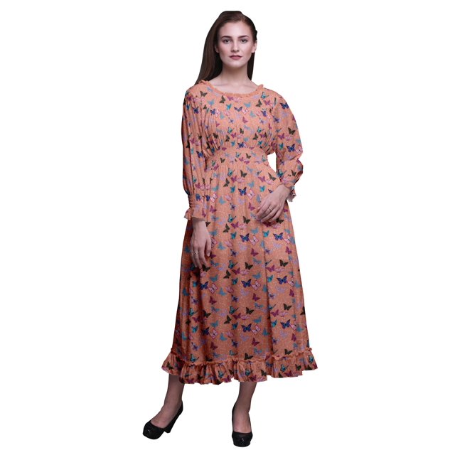 Bimba Ladies Bishop Sleeve Round Neck Ruffle Maxi Smocked Waist Dress-X-Small