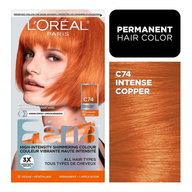 Oréal Paris Feria L' Teinture Capillaire Permanente en Teinte Cuivrée C74 Intense Montrant une Couleur de Cheveux Cuivrée Vibrante et Chatoyante sur un style à Tige Courte, avec une Formule Végane et un Complexe de Liaison pour une Couleur Plus Forte et à Haute Intensité, Convient à Tous les types de Cheveux.