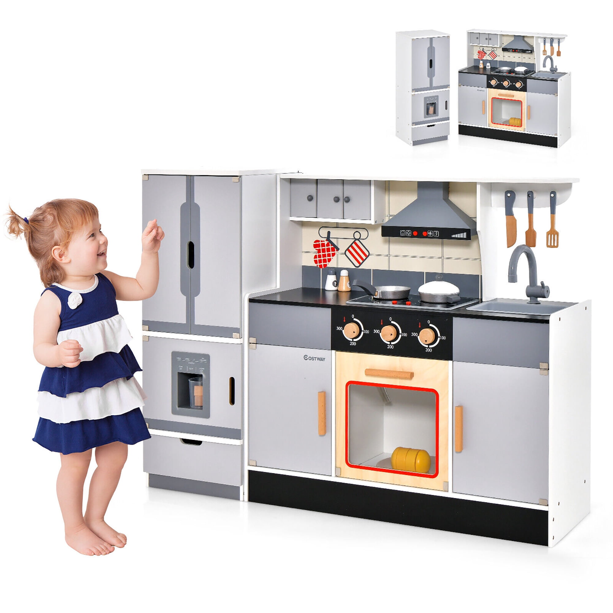 Gymax Kids Wooden Pretend Play Kitchen Toddlers Toy with Refrigerator & Accessories