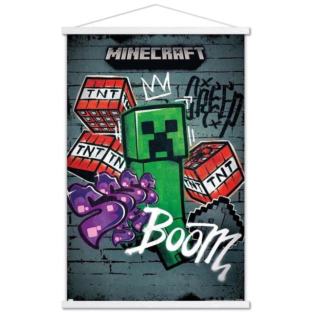 Minecraft - Affiche « Creeper don't Enter » pour Mur, 22,375 Po x 34 Po, Représentant un Creeper Vert Orienté vers l'Avant avec un Visage Pixélisé sur un Fond de Mur de Briques graffiti Sombre, Entouré de Blocs TNT Rouges et d'Art graffiti Violet, avec Texte « Boom » Peint à la Pulvérisation Blanche, Convient à la Décoration Murale de Chambre Ou de Salle de Jeux.