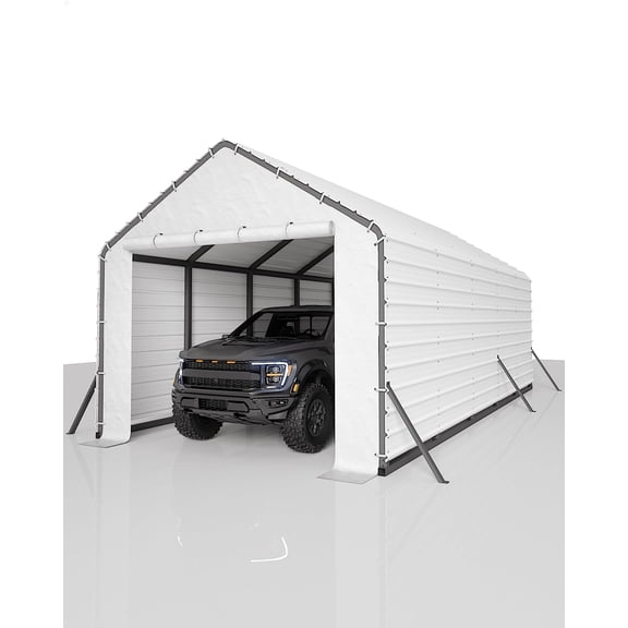 Abri d'Auto en Métal Fermé Robuste – Toit Nervuré en Acier Galvanisé Toutes Saisons – Rangement Extérieur Sécuritaire pour Voitures, Bateaux, Remises, Garages – Crème – 13x26/13x21/13x16/10x15 Pi – Couleur : Crème