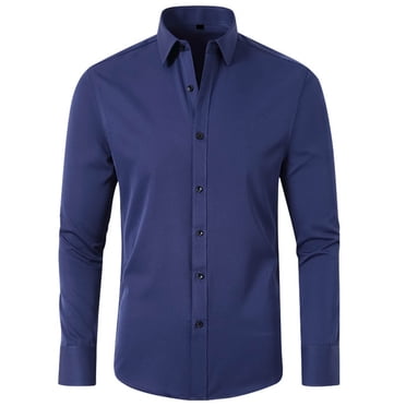 aohooy Dress Shirts for Men 2025 Long Sleeve Regular Fit Button Down Work Shirts Stretch Wrinkle-Free Business Formal Shirt Navy,M