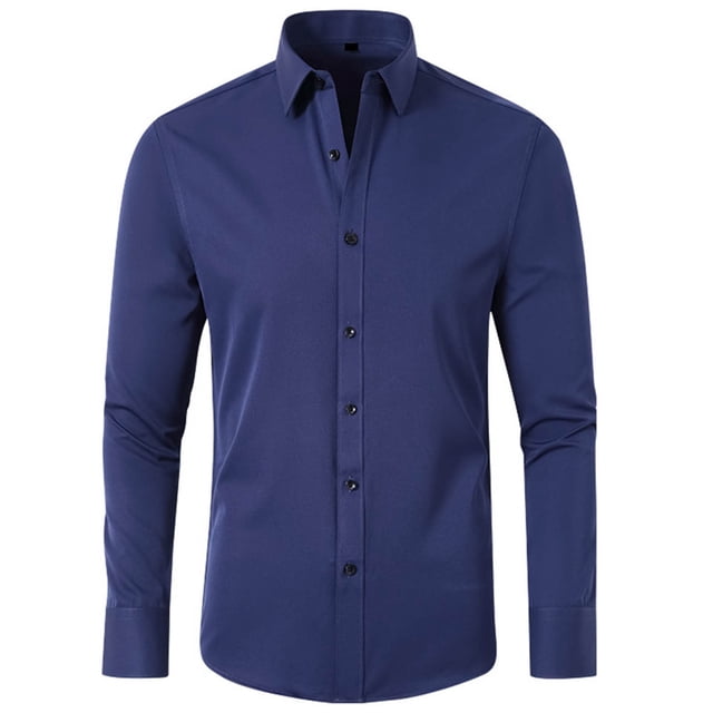 Solid Color Lapel Mens Shirts Fashion Long Sleeve Fitted Button Front Closure Shirts for Men(Navy,XS)