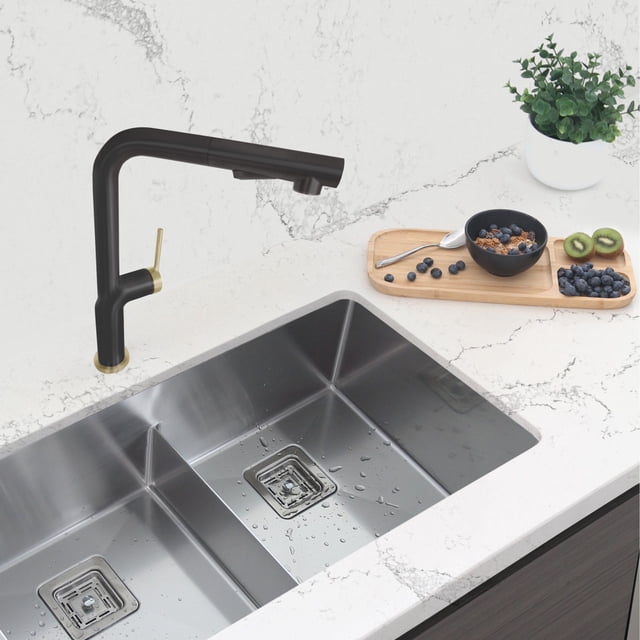 Stylish 13" Ht Single Handle Matte Black & Gold Pull Down Kitchen Faucet K-146NG
