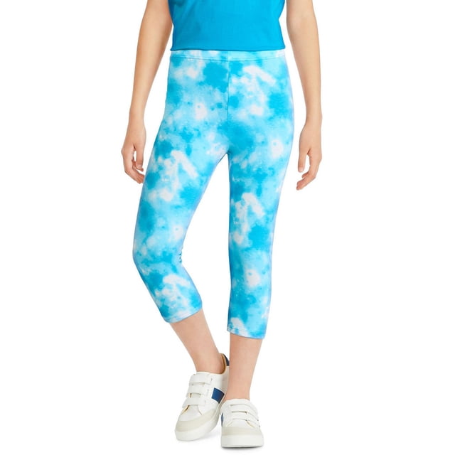 George Girls' Printed Capri Legging in blue and white tie-dye pattern, made of soft jersey knit with elasticized waistband and stretch fit, capri length for breathability, suitable for active wear and pairing with casual tops and sneakers.