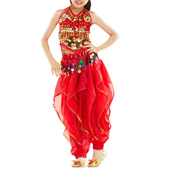 BellyLady Kid Belly Dance Costume, Harem Pants & Halter Top For Halloween-Red-M