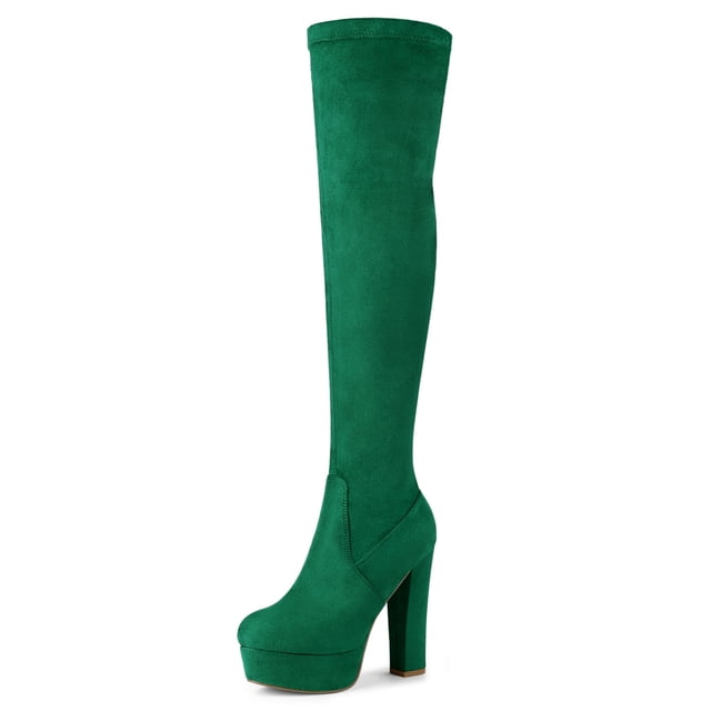 Unique Bargains Bottes Cuissardes à Plateforme à Talon Bloc pour Femme Vert 8,5