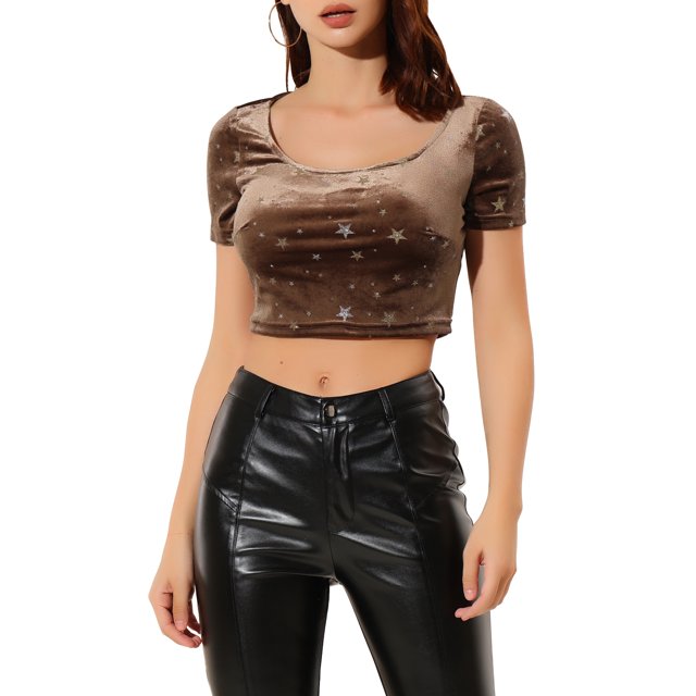 INSPIRE CHIC Haut Court Ajusté en Velours à Manches Courtes Décontracté pour Femme, Mignon, Col Rond, m Brun