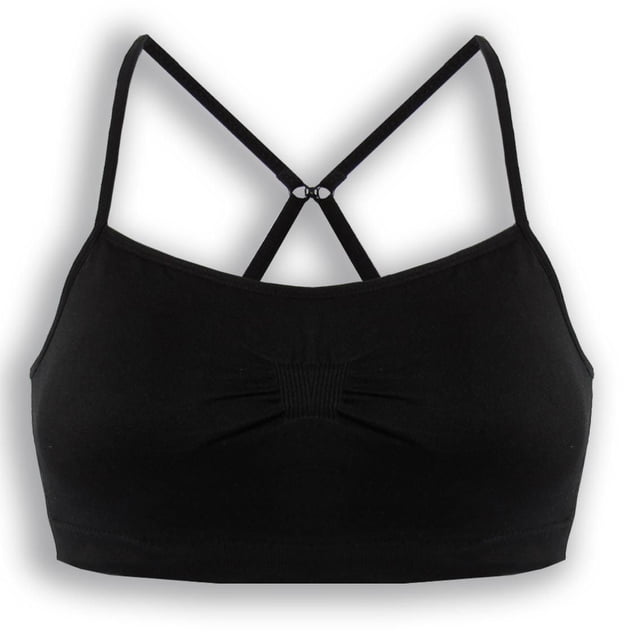 George Women's Seamless Bralette in black with a round neckline, adjustable spaghetti straps, and a racerback clip, made from breathable nylon and spandex with removable pads and an elasticized band for a customizable fit, ideal for layering under thin tops or dresses.