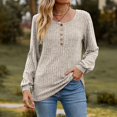 thumbnail image 2 of CEHVOM Women's Round Neck Stripe Matte Solid Color Button Splicing Long Sleeved T-shirt Top Clearance, 2 of 4