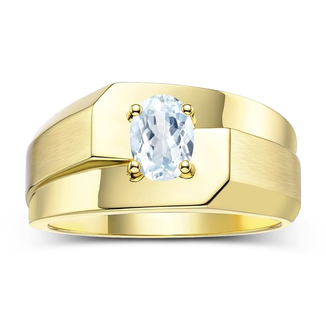 RYLOS Men's Rings 14K Yellow Gold Ring Classic Solitaire 7X5MM Oval Shape Gemstone Designer Band Aquamarine March Birthstone Rings For Men Size 10