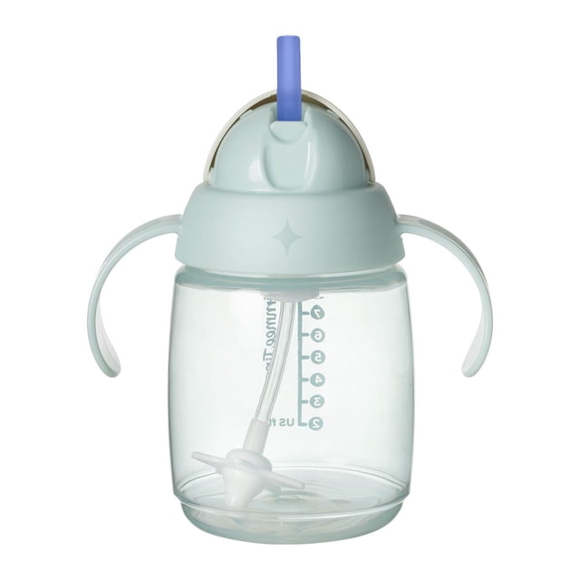 Tommee Tippee Starter Straw Cup, 8oz, 6 Months+, toddler cup with clear plastic body, light green lid, blue silicone weighted straw, and easy-hold handles, featuring a leak-proof two-piece valve for spill-free drinking.
