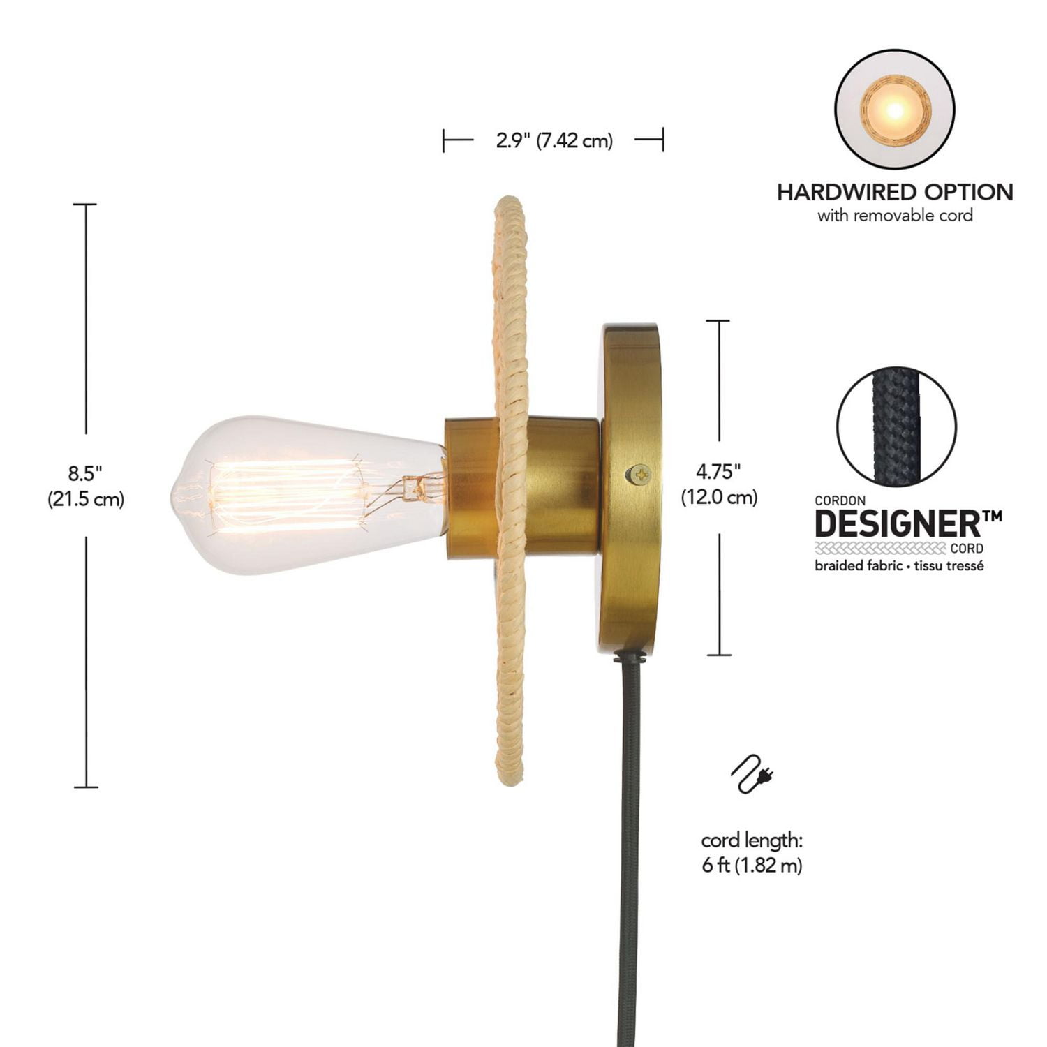 Applique murale enfichable ou fixe à une ampoule avec base en ficelle naturelle, 91004441