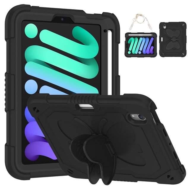 Étui pour iPad Mini 7 A17 Pro 2024/Mini 6 2021 8,3 Pouces 7e/6e Gén. avec Support Papillon, Étui de Protection Robuste et Résistante avec Porte-Crayon et Bandoulière pour Enfants Filles, Noir