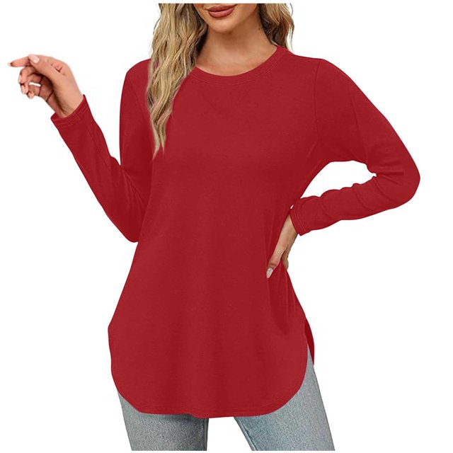 Yuyuzo Womens Tops Crew Neck Long Sleeve Side Split Solid Color Loose Casual Basic Fall Tunic Top