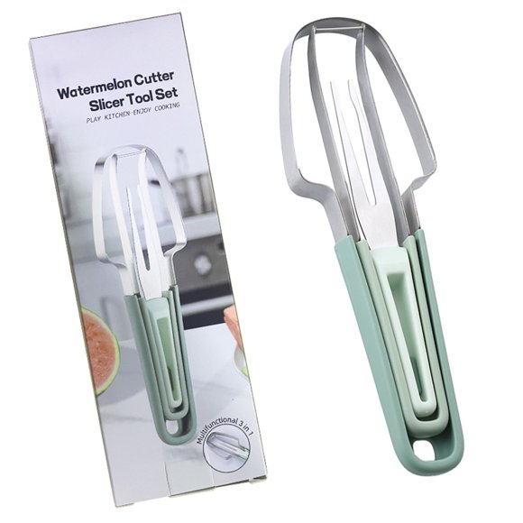 yeacher Premium Stainless Steel 3-in-1 Watermelon Slicer Set - Multi-Functional Kitchen Tool for Fruit Cutting, Green, Compact & Durable Design