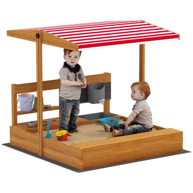 Outsunny Bac à Sable pour Enfants avec Couvercle, Bac à Sable en Bois pour l'Extérieur, Rouge. Ce Bac à Sable Présente une construction en Bois de Sapin avec une surface Lisse et un Auvent Réglable à Rayures Rouges et Blanches pour l'Ombre et une protection contre la Pluie Légère. Il Comprend un design Sans Fond avec une Doublure Amovible pour un drainage Facile et un Réglage de la Profondeur du Sable. le Bac à Sable Est Assez Grand pour Deux Enfants de 3 à 7 Ans et Est Livré avec des Accessoires de Cuisine pour le Jeu, Incluant un Évier, un Robinet et une Tablette de Rangement, Favorisant le Jeu Imaginatif. Dimensions