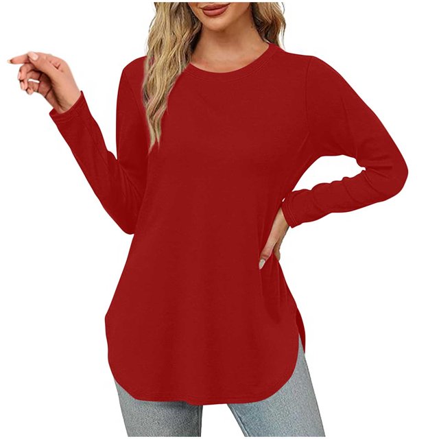 Yuyuzo Womens Tops Crew Neck Long Sleeve Side Split Solid Color Loose Casual Basic Fall Tunic Top