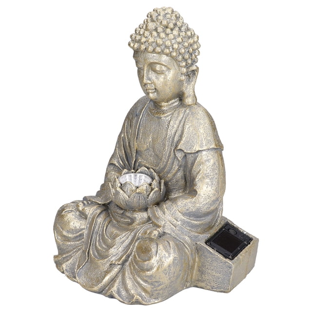 Home Buddha Garden Light, a solar-powered Buddha garden statue made of resin, featuring a meditating Buddha holding a lotus flower with a built-in light. The statue measures approximately 20x16x25cm (7.9x6.3x9.8in) and weighs 1316g (48.4oz). It includes a 300 mAh lithium battery and a solar panel for eco-friendly energy, providing up to 8 hours of light after a full charge. The multicolour hand-painted finish adds a natural and serene touch, ideal for outdoor garden decor.