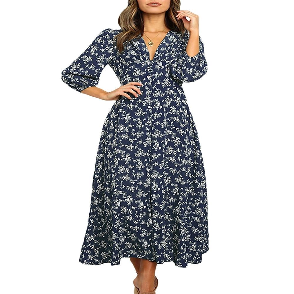 Women Maxi Dress Button Down Floral Print V Neck Dress