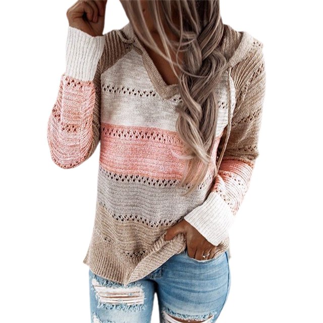 Women Casual Sweater Rib Knitted Long Sleeve Loose Fitting Pullover Hooded Drawstring Sweater