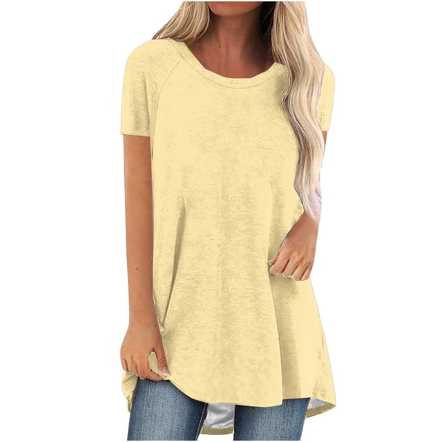 Timegard Hauts pour Femmes Col Rond Manches Courtes Tuniques pour Porter avec des Leggings Mi-Longs T-Shirts Confortables Été