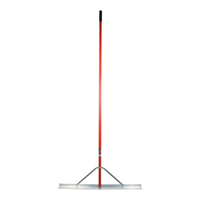 36" ALUM.ASPHALT LUTE RAKE W / 82IN ALUM. HANDLE with a red aluminum handle and a 36-inch wide silver aluminum head featuring a v-notch and two angled braces, designed for landscaping and asphalt leveling, also suitable for smoothing soil in garden beds.