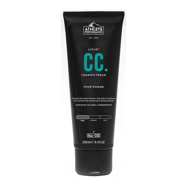Muc-Off Luxury Chamois Cream, 250ml tube, designed for body care and skin lubrication. The black tube features bold teal and white text, highlighting its antibacterial properties, natural ingredients like Aloe Vera, Witch Hazel, Shea Butter, and Sunflower Oil, and a mild cooling effect. Suitable for reducing skin friction and enriched with provitamins.