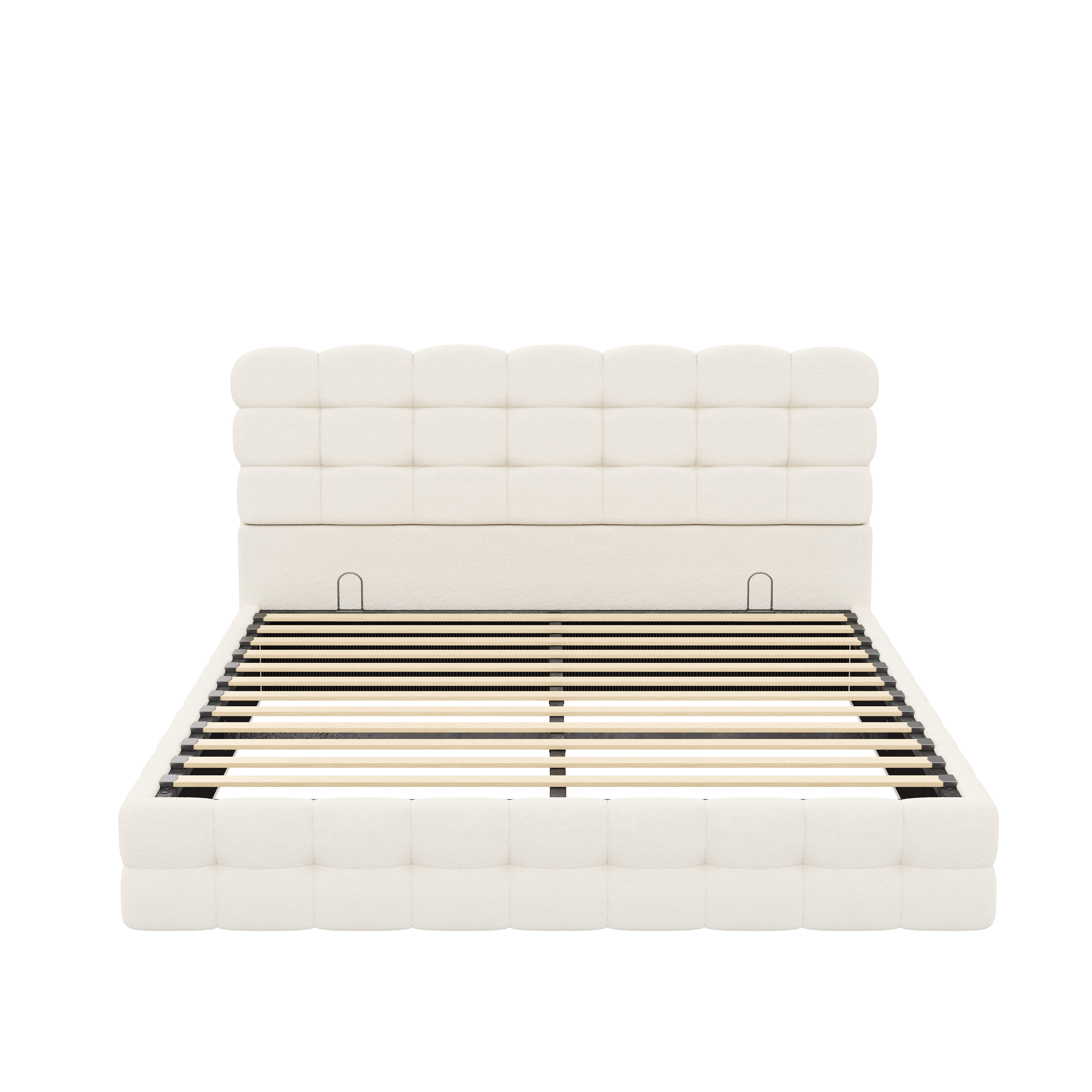 Noble House Cadre de Lit Grand avec Rangement avec Levage et Rangement Hydraulique, Lit Plateforme en Bouclé avec Tête de Lit Capitonnée et Lattes de Bois, Blanc Crème