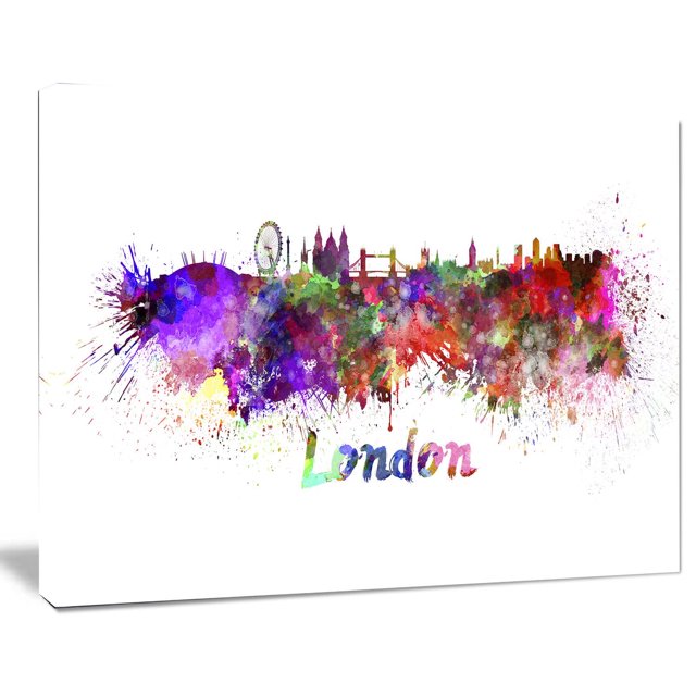 Design Art London Skyline Canvas Print with a vibrant watercolor splash silhouette of London's skyline featuring landmarks like the London Eye, Tower Bridge, and Big Ben, printed on high-quality cotton canvas and gallery wrapped on a 1-inch wood frame, ready to hang and designed in Canada, suitable for adding a modern artistic touch to home or office walls.