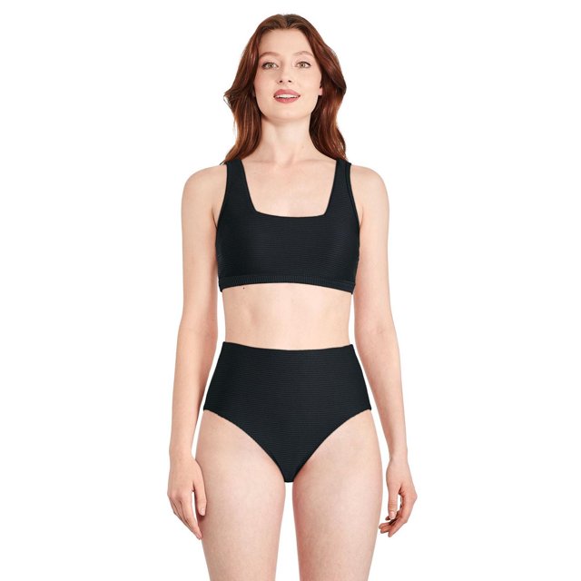 George Women's Square Neckline Bikini Top in black jacquard knit fabric with thick straps and elasticized band, shown front-facing on a model wearing matching high-waisted bikini bottoms against a white background, ideal for swimwear and beachwear.