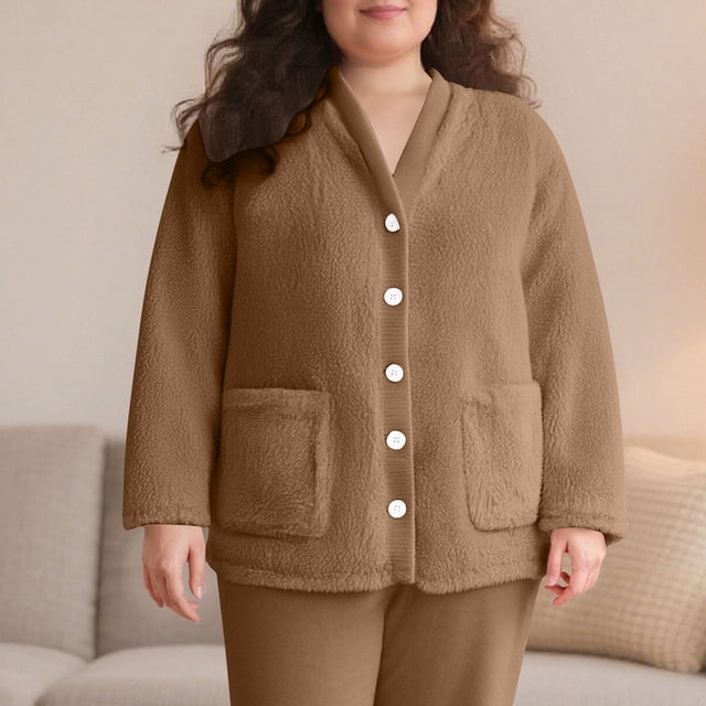 Timegard Womens Winter Coats Fuzzy Fleece Warm Pajamas Tops Button down Loungewear Comfy Thick Pjs