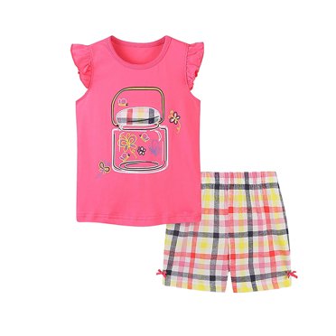 TJAZFJPA Toddler Outfits for Girls Winter Kids Girls Summer Camera Cartoon Print Fly Sleeve T Shirt Tops and Plaid Shorts 2Pcs Outfits Clothes Set Children's Clothing Newborn Costume Crochet