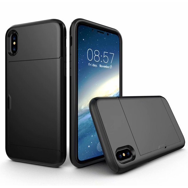 iPhoneXR Case Hybrid Rugged Hard Back Cover with ID Credit Card Slot Holder Wallet Case for Apple iPhoneXR - Black