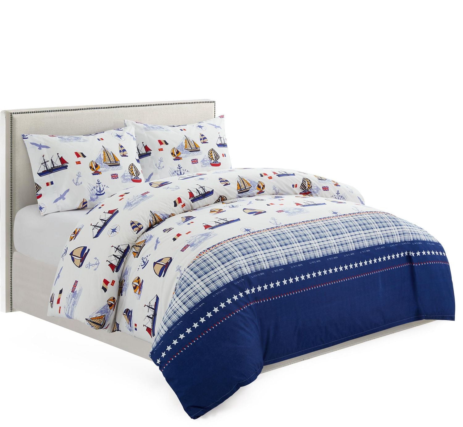 Literie en percale de coton doux 600 fils/cm², motif bateau à voile, housse de couette et drap-housse, motif marine, pour enfants et tout-petits