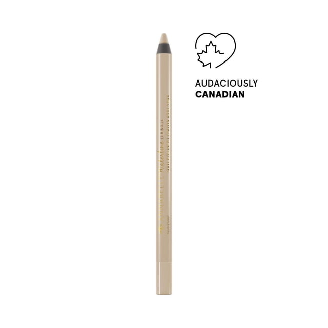 Annabelle Crayon Eyeliner Kohl Lumineux pour la Ligne d'Eau avec Corps beige et Pointe Noire, Montré Droit sur Fond Blanc avec logo « Audaciously Canadian », Conçu pour une application de gel Imperméable et Crémeux Qui Illumine et Définit la Ligne d'Eau pour un Maquillage des Yeux Longue Tenue.