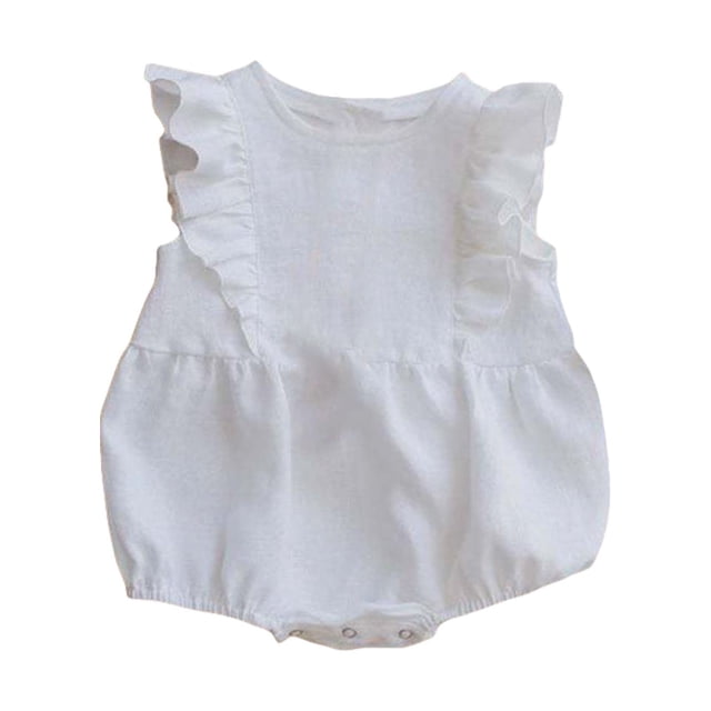 PMVFHDE Combinaisons et Barboteuses pour Filles, Barboteuse d'Été Sans Manches à Volants pour Bébé, Col Rond, Combinaison Mignonne en Coton Doux et Lin pour Tout-Petits, Justaucorps pour Filles&One-Pieces Beige,3-6 Mois
