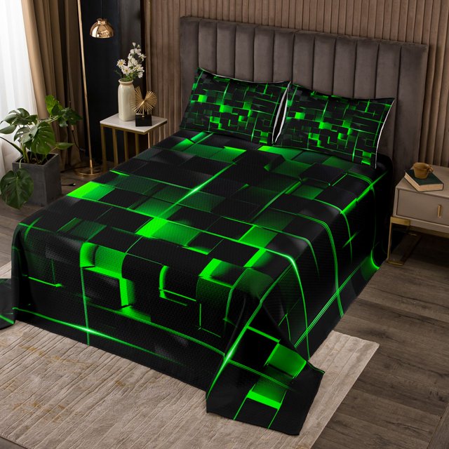 YST Green Black Pastel Bedspread Set, Geometric Neon Square Coverlet Set King For Bedroom, Stereoscopic Geometry Grid Quilt Set Modern Abstract Bedding Set, 2 Pillow Cases