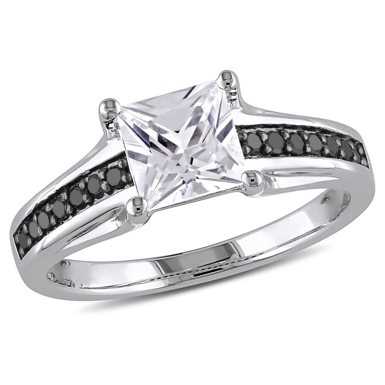 Bague de fiançailles Asteria avec saphirs blancs synthétiques d'1,33 ct PBT et diamants noirs de 0,14 ct poids total en argent sterling